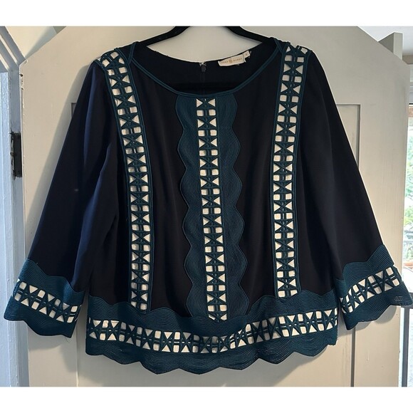 TORY BURCH Germaine Navy Teal Geometric Lace Trim Silk Blouse Top Size 12 - Picture 1 of 7